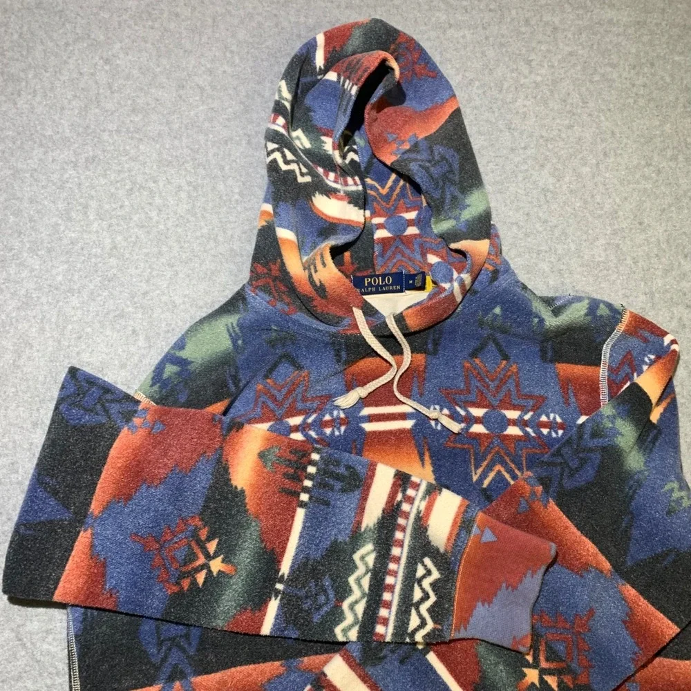 Polo Ralph Lauren‎ Mens M Aztec Fleece Hoodie Southwestern Pattern Blue Orange